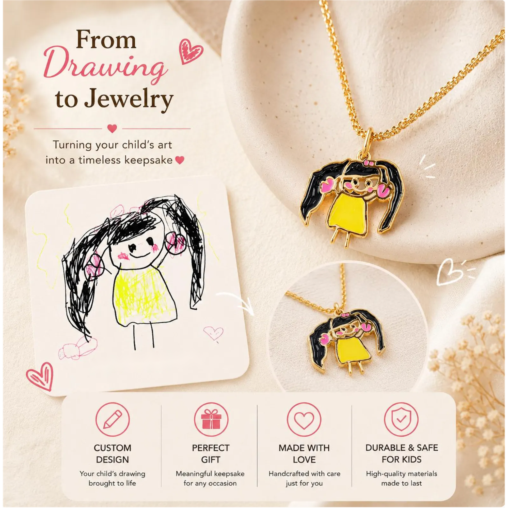 Custom Kids Artwork Necklace, Sterling Silver Enamel Family Keepsake, Handwriting Jewelry