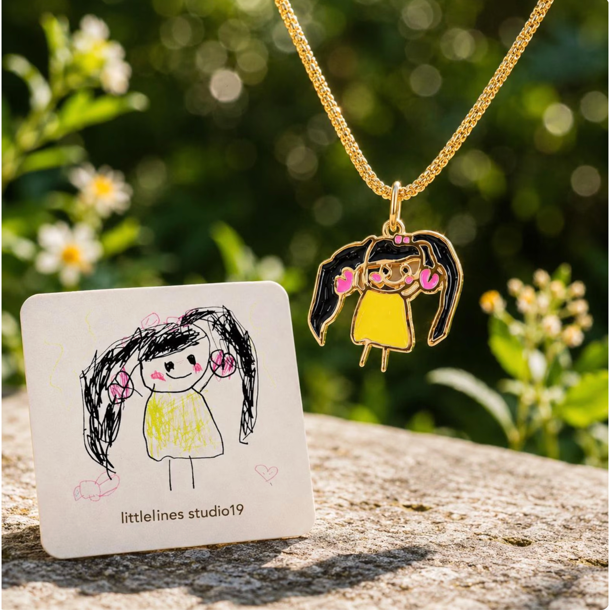 Custom Kids Artwork Necklace, Sterling Silver Enamel Family Keepsake, Handwriting Jewelry