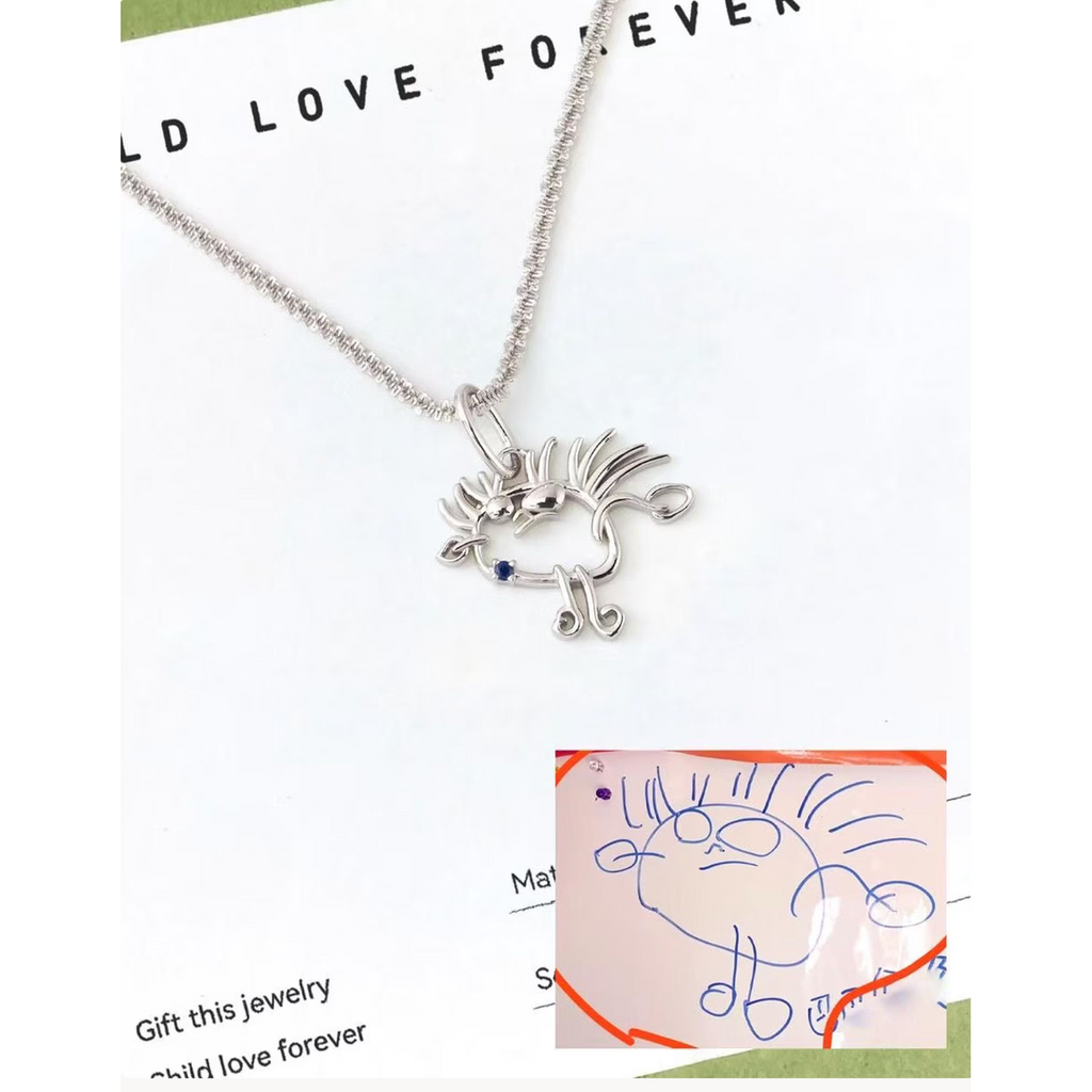 Custom Kids Drawing Line Art Necklace, Sterling Silver Child Artwork Jewelry, Personalized Modern Keepsake