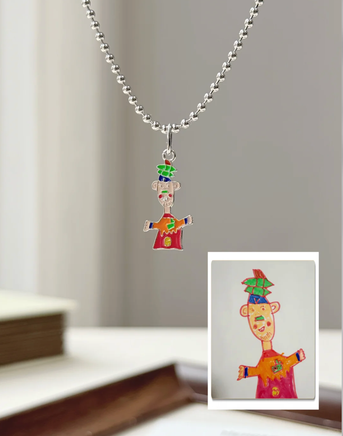 Mom's Gifted Necklace From Kids Drawing, Personalised Artwork Jewellery, Custom Sterling Silver Enamel Keepsake (副本) (副本) (副本) (副本) (副本)